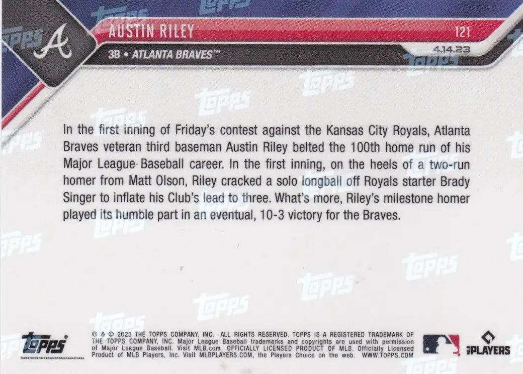 Back of 2023 Topps Series 2 baseball card featuring Austin Riley Atlanta Braves player
