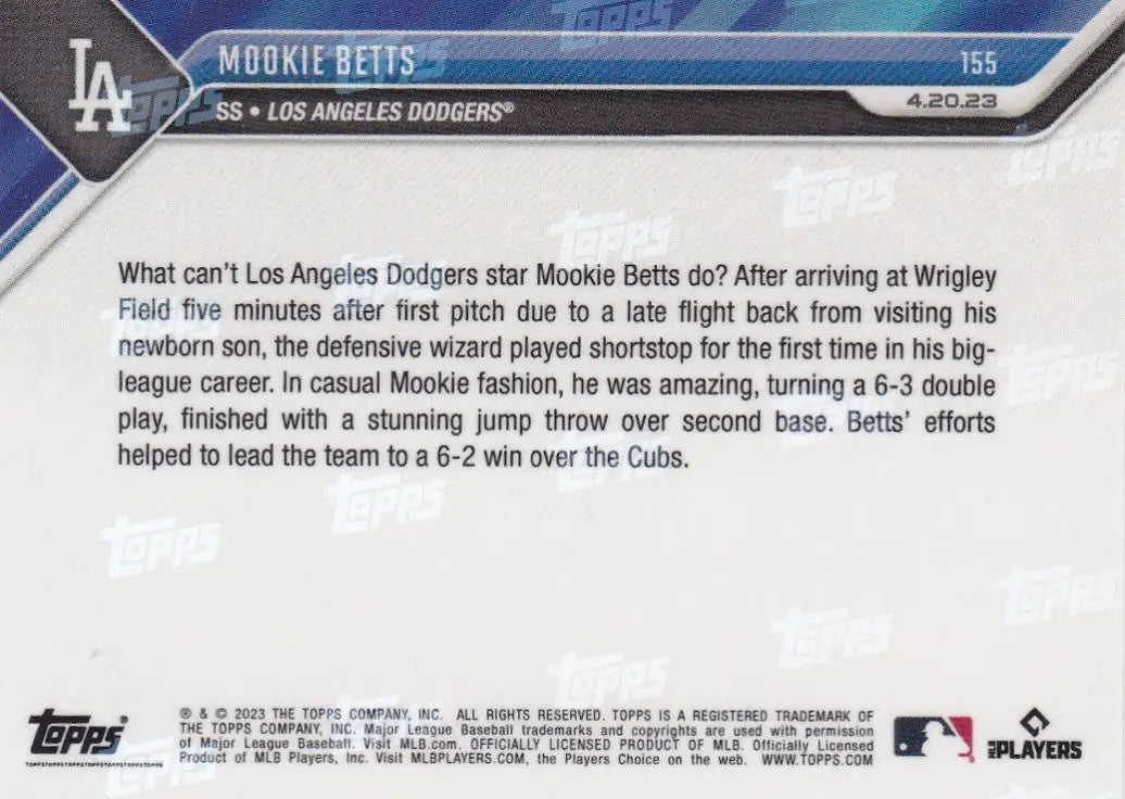 Back of 2023 TOPPS NOW Mookie Betts baseball card showing his position team and game summary