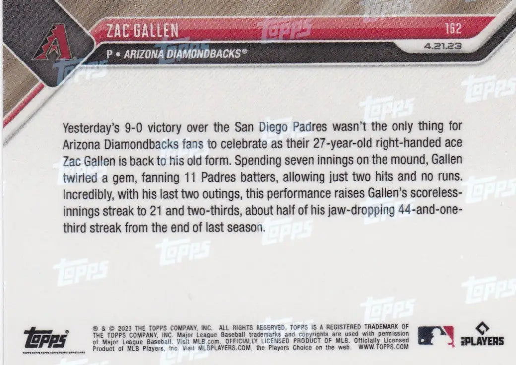 Baseball trading card of Zac Gallen Arizona Diamondbacks 2023 TOPPS NOW #162