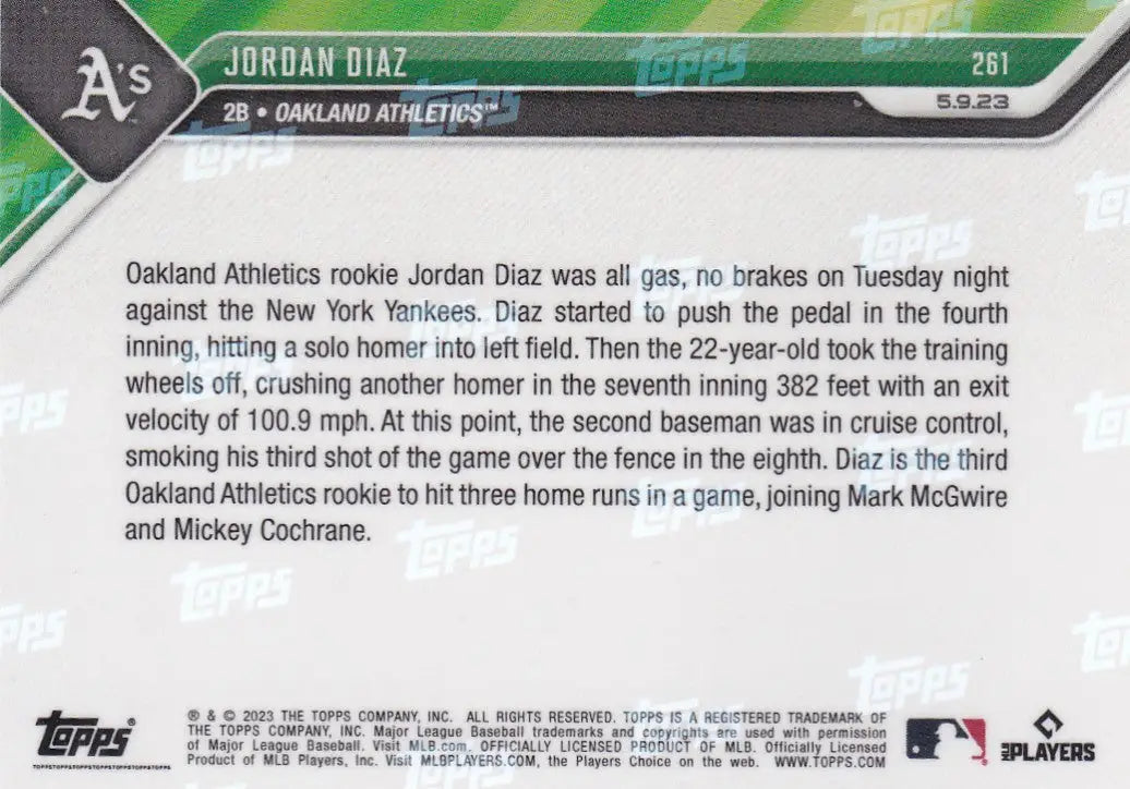 2023 TOPPS NOW #261 JORDAN DIAZ- OAKLAND ATHELTICS