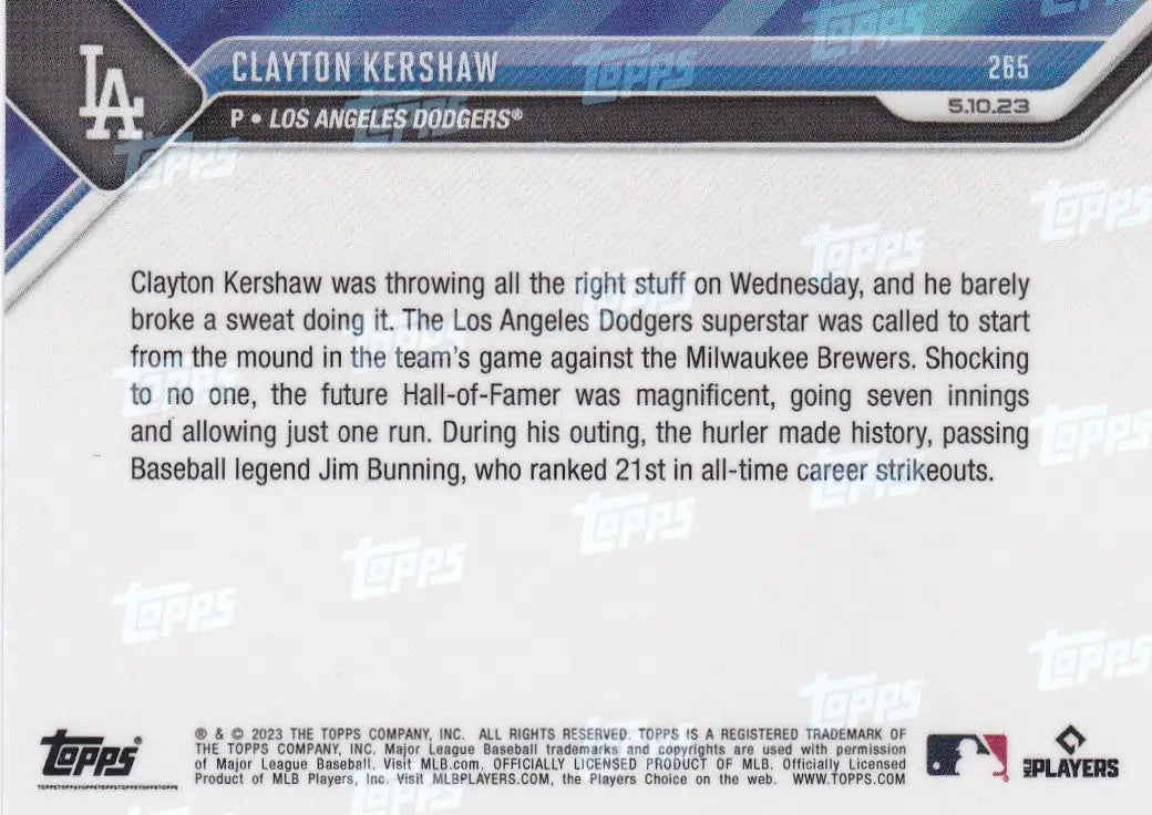 2023 TOPPS NOW #265 CLAYTON KERSHAW- LOS ANGELES DODGERS