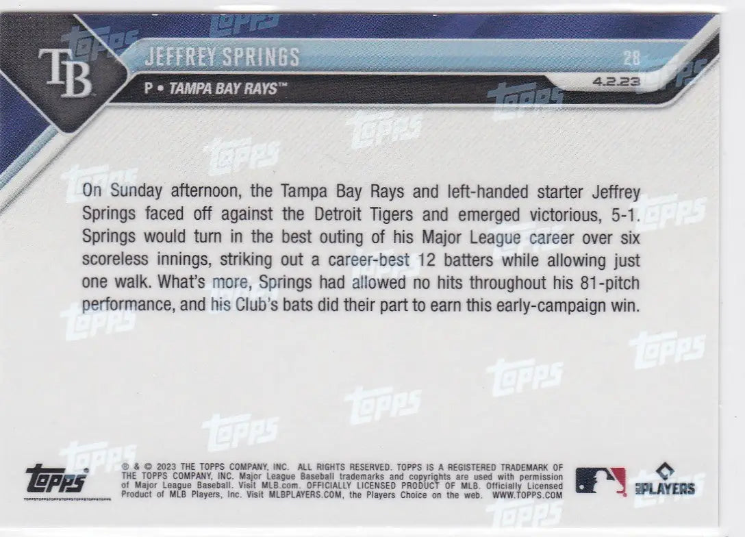 2023 TOPPS NOW #28 JEFFREY SPRINGS- TAMPA BAY RAYS