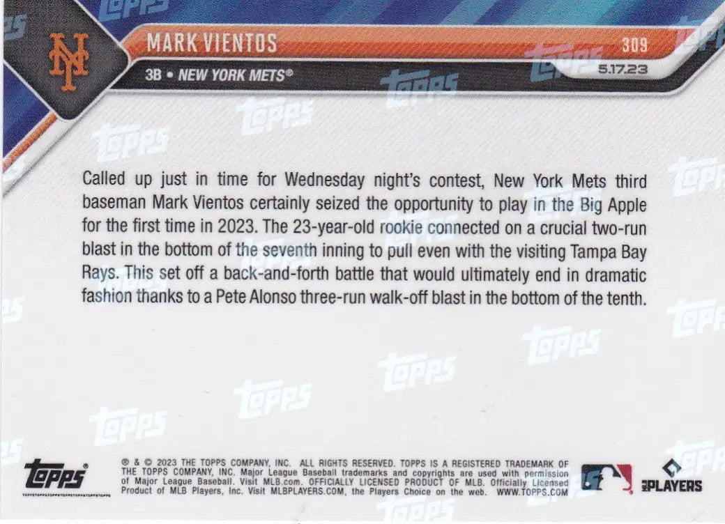 2023 TOPPS NOW #309 MARK VIENTOS- NEW YORK METS