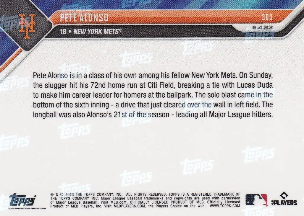 2023 TOPPS NOW #383 PETE ALONSO- NEW YORK METS - Collectible Trading Card