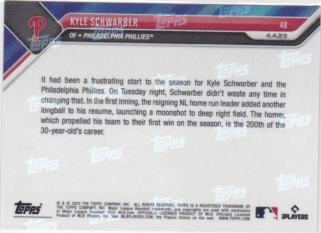 2023 TOPPS NOW #48 KYLE SCHWARBER- PHILADELPHIA PHILLIES