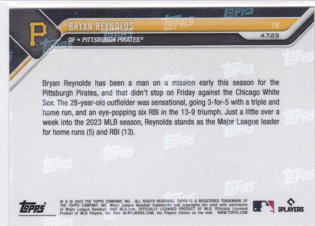 Back of 2023 TOPPS NOW #70 Bryan Reynolds Pittsburgh Pirates baseball card showing player details