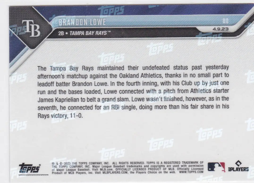 Back of 2023 TOPPS NOW Brandon Lowe Tampa Bay Rays trading card featuring player details