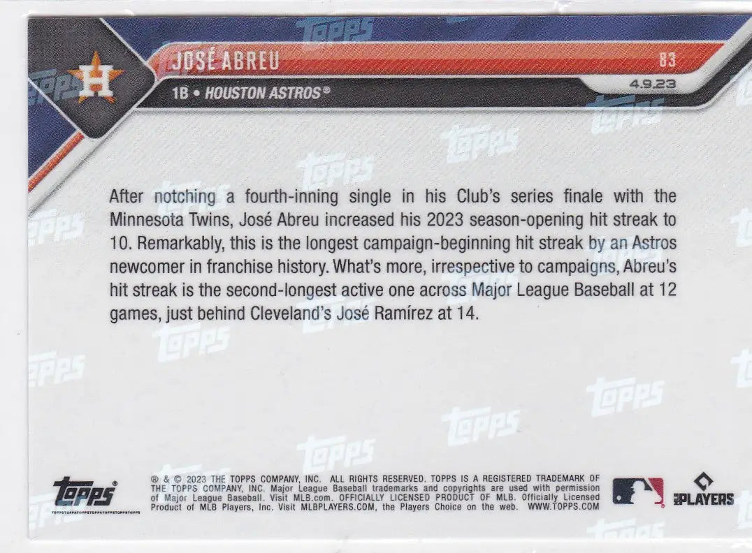 Back of a baseball trading card for Jose Abreu Houston Astros 2023 TOPPS NOW #83