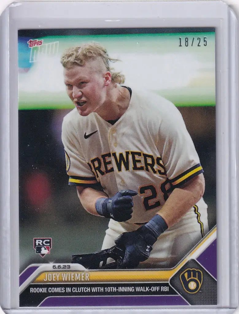 Baseball card of Joey Wiemer in white uniform for Milwaukee Brewers 2023 Topps Now