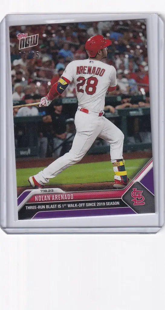 Baseball trading card of Nolan Arenado swinging bat in red and white Louis Cardinals uniform