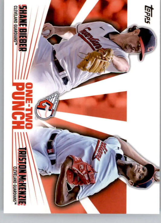 Baseball card featuring Shane Bieber and Triston McKenzie in white Tampa Bay uniforms