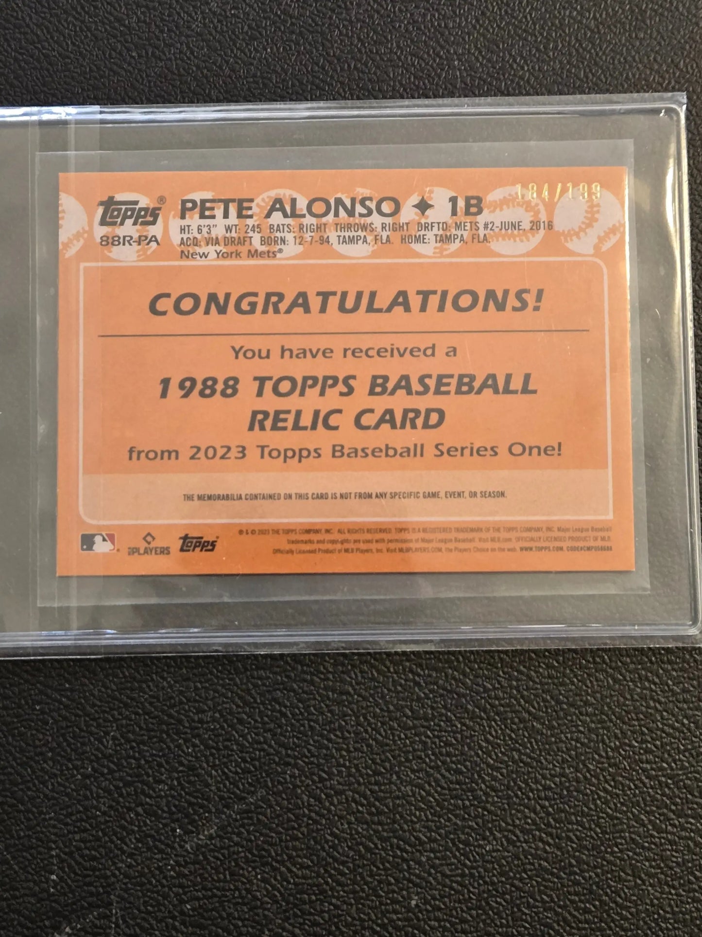 Pete Alonso 1988 Topps Baseball Relic Card from 2023 Topps Baseball Series One