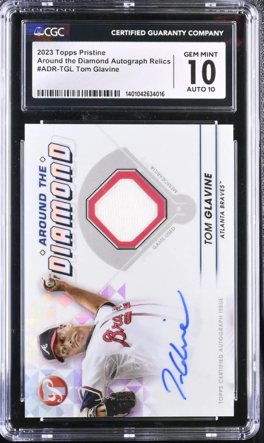 Graded Tom Glavine Gem Mint baseball card with autograph and jersey patch for Atlanta Braves