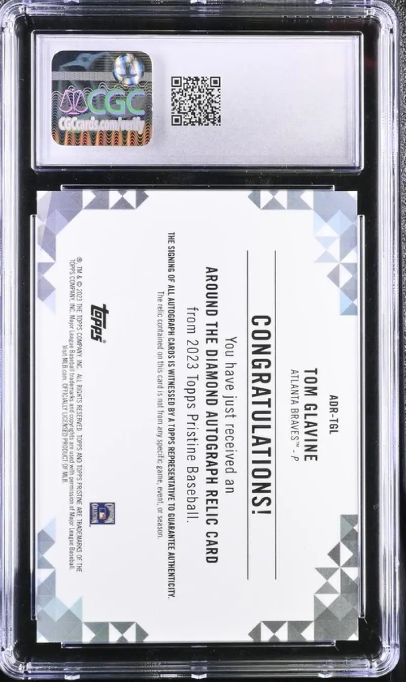 Back of 2023 Topps Pristine Tom Glavine Gem Mint Auto Baseball Card in protective case