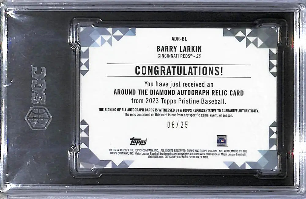 Barry Larkin autograph relic card from 2023 Topps Pristine Around The Diamond Orange