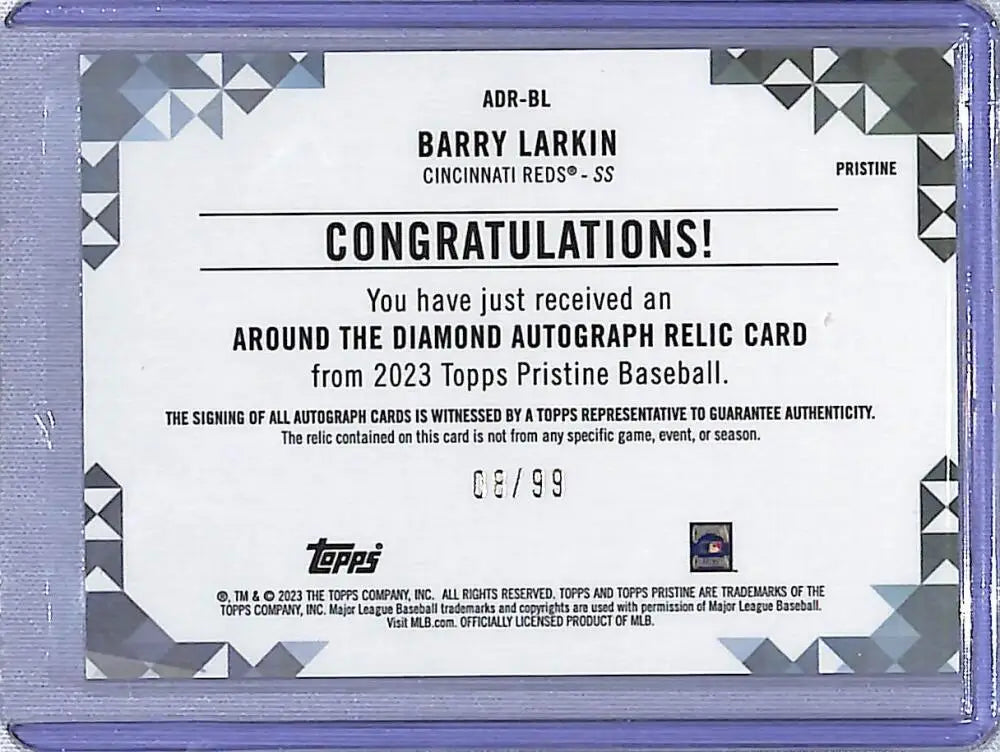 Redemption card for a Barry Larkin Topps Pristine diamond relic numbered 05/99