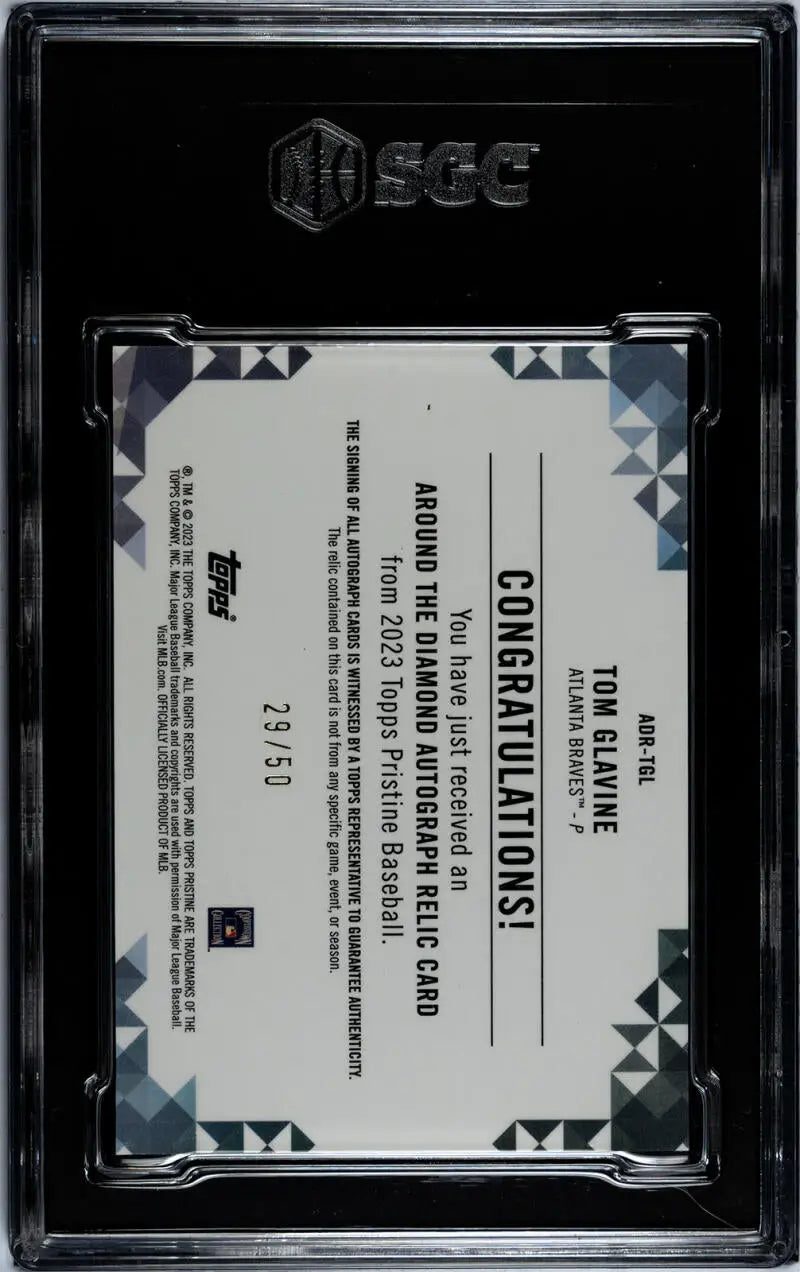 Black plastic graded card holder featuring Tom Glavine 2023 Pristine Diamond Relic Refractor Gold