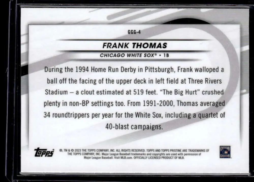 Baseball card of Frank Thomas showcasing home run stats in 2023 Topps Pristine GGG-4