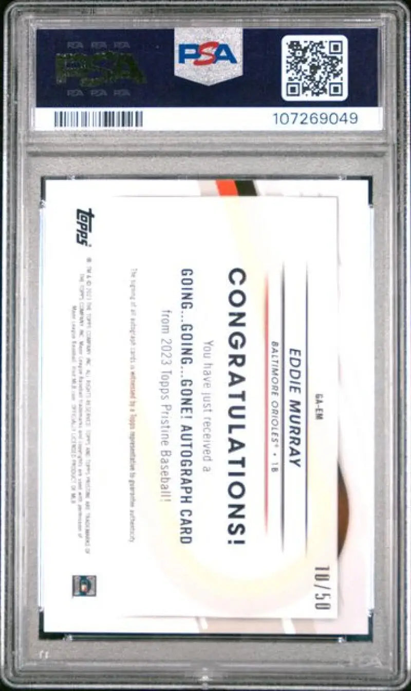 Graded Eddie Murray baseball card with autograph refractor gold from 2023 Topps Pristine