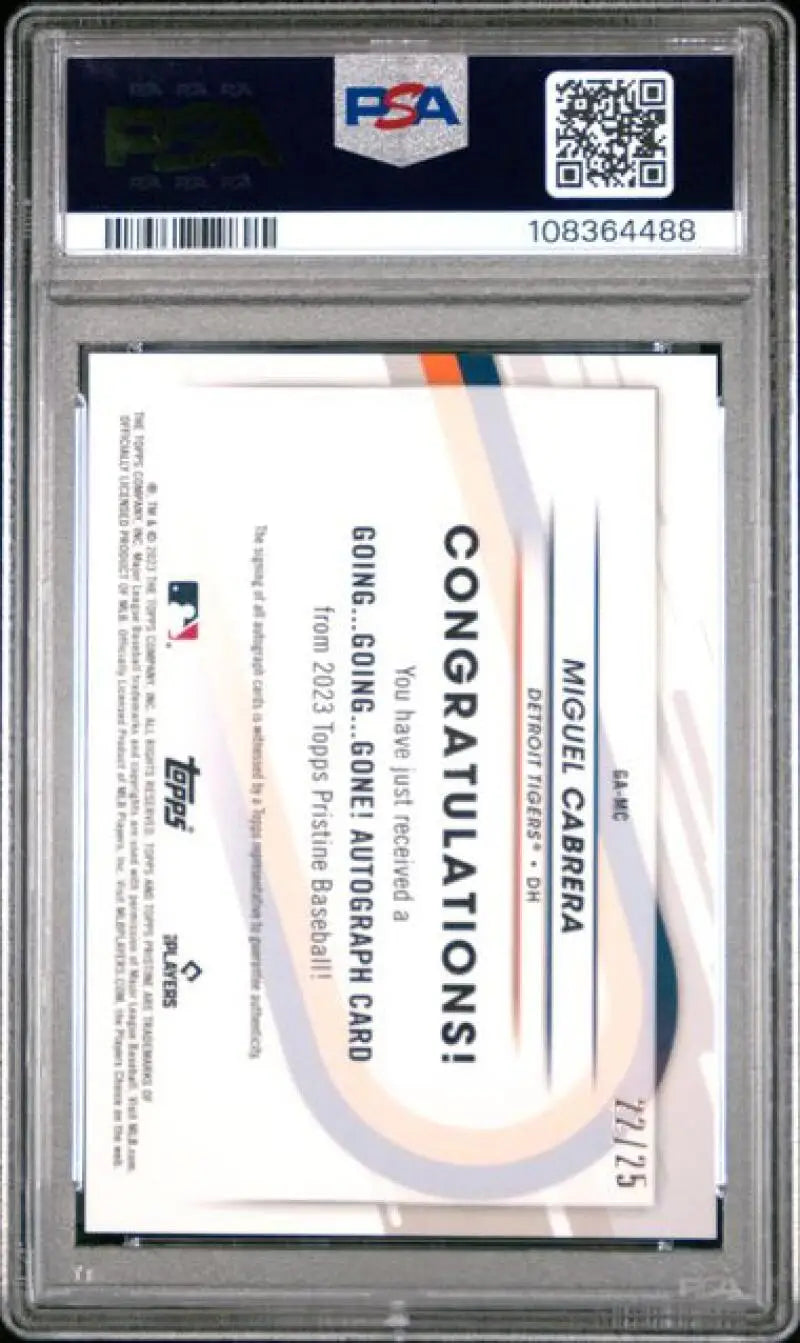 Graded Miguel Cabrera Gem Mint baseball card from 2023 Topps Pristine for Detroit Tigers
