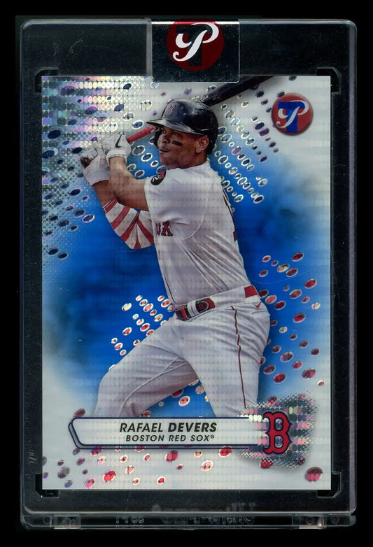 Baseball card of Rafael Devers in protective case from 2023 Topps Pristine series