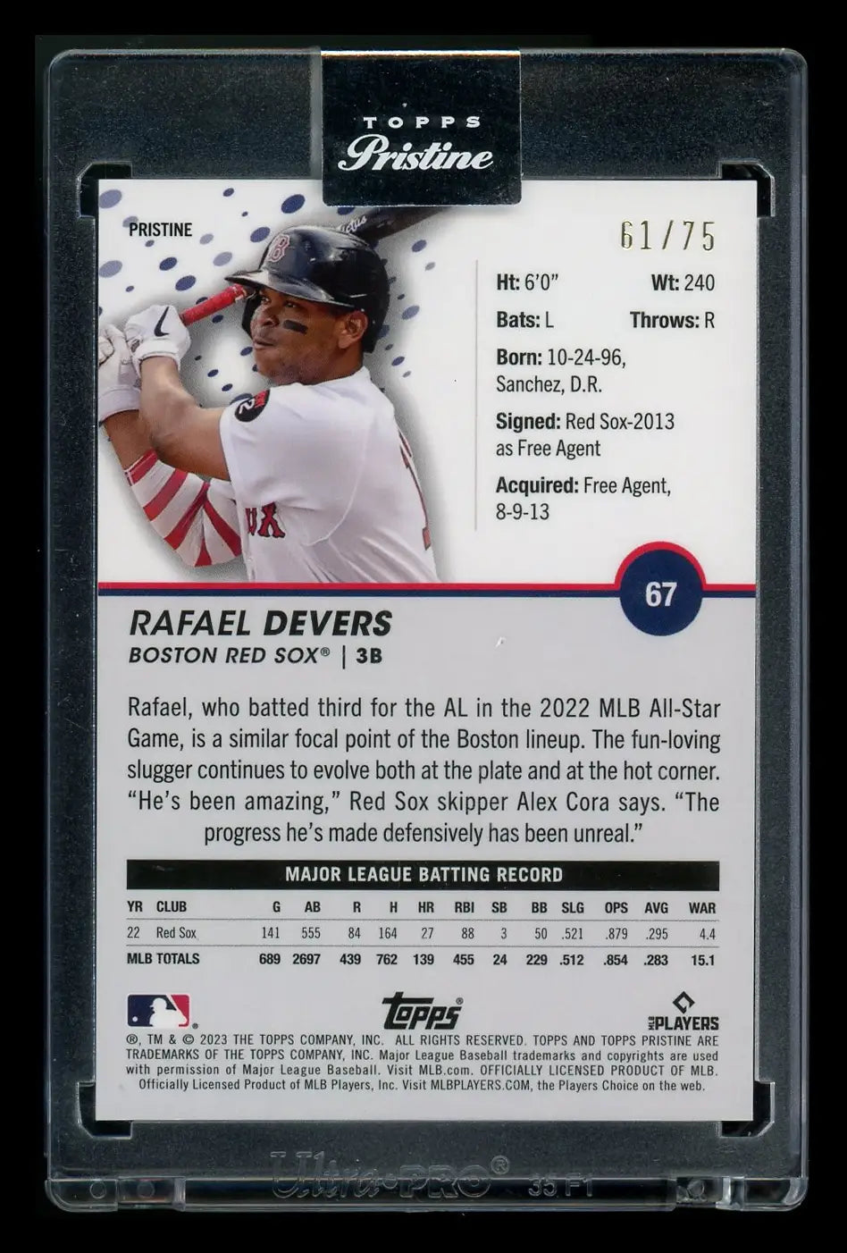 Back of a Topps Pristine Rafael Devers baseball card serial 61/75, limited edition