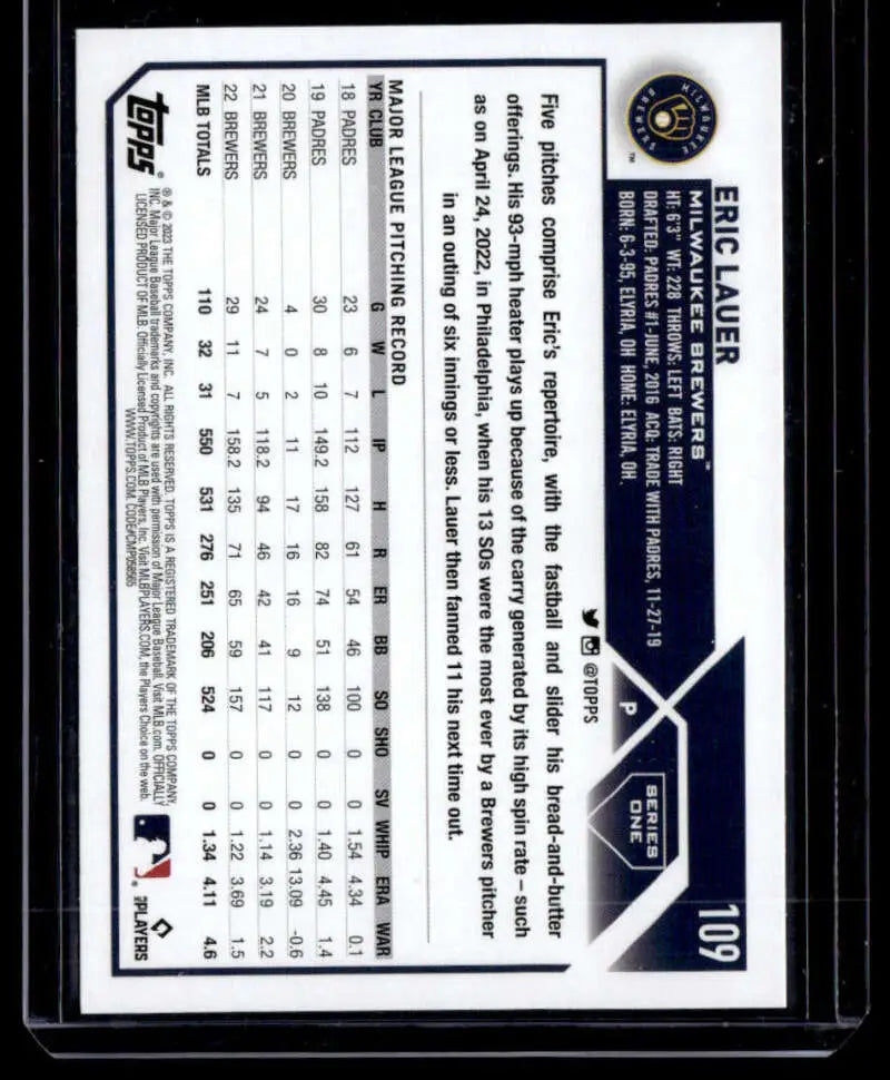 2023 Topps Rainbow Foil #109 Eric Lauer Milwaukee Brewers Baseball Card statistics design