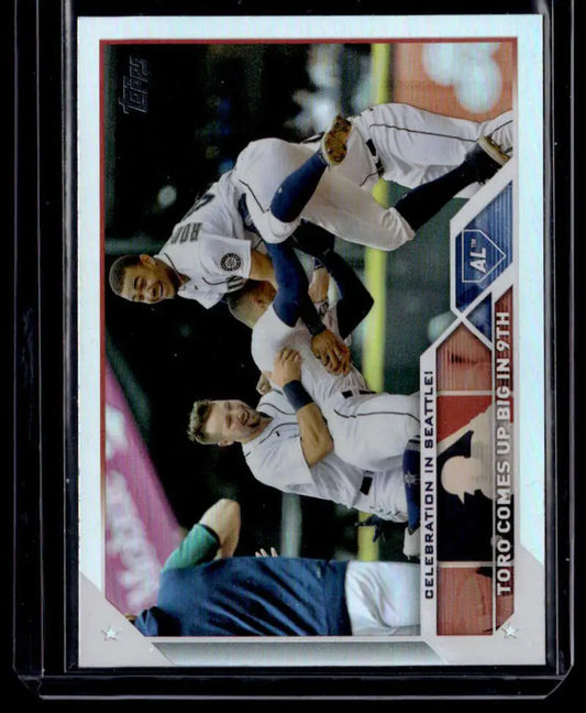 Julio Rodriguez sliding into base on 2023 Topps Rainbow Foil Seattle Mariners card