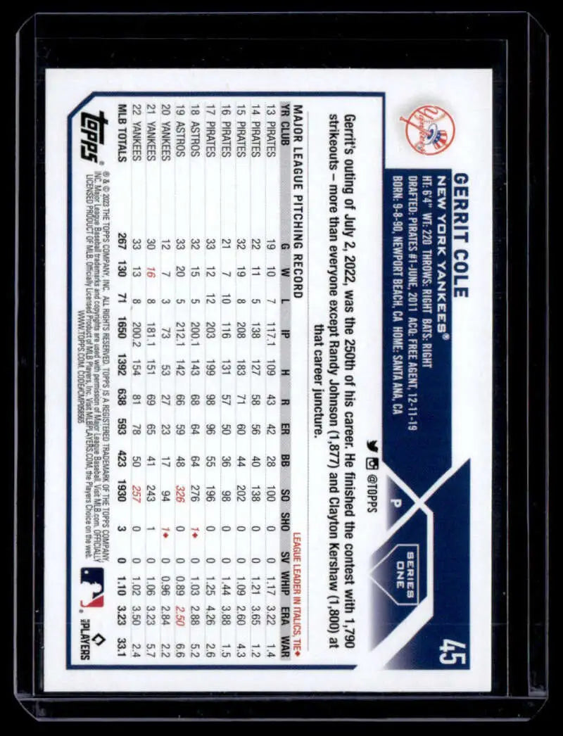 Gerrit Cole 2023 Topps Royal Blue baseball card with player statistics on dark background