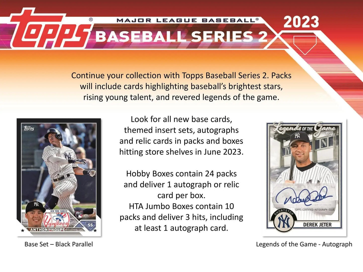 2023 Topps Series 2 Baseball Hobby Jumbo Box with Topps Baseball Series 2 advertisement featuring gold, black, and platinum parallels