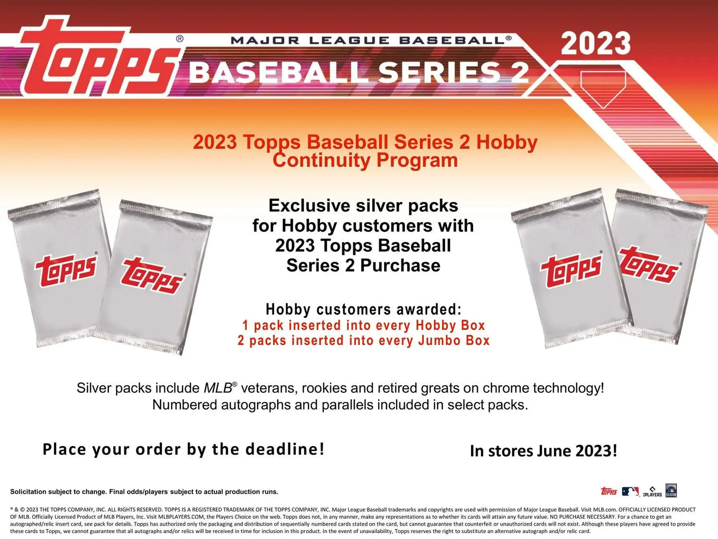Advertisement for Topps Baseball Series 2 Hobby Continuity Program with gold, black, platinum parallels in 2023 Topps Series 2 Jumbo Box