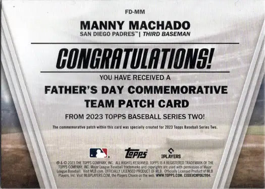 Father’s Day Team Patch Card of Manny Machado from 2023 Topps Series Two Baseball