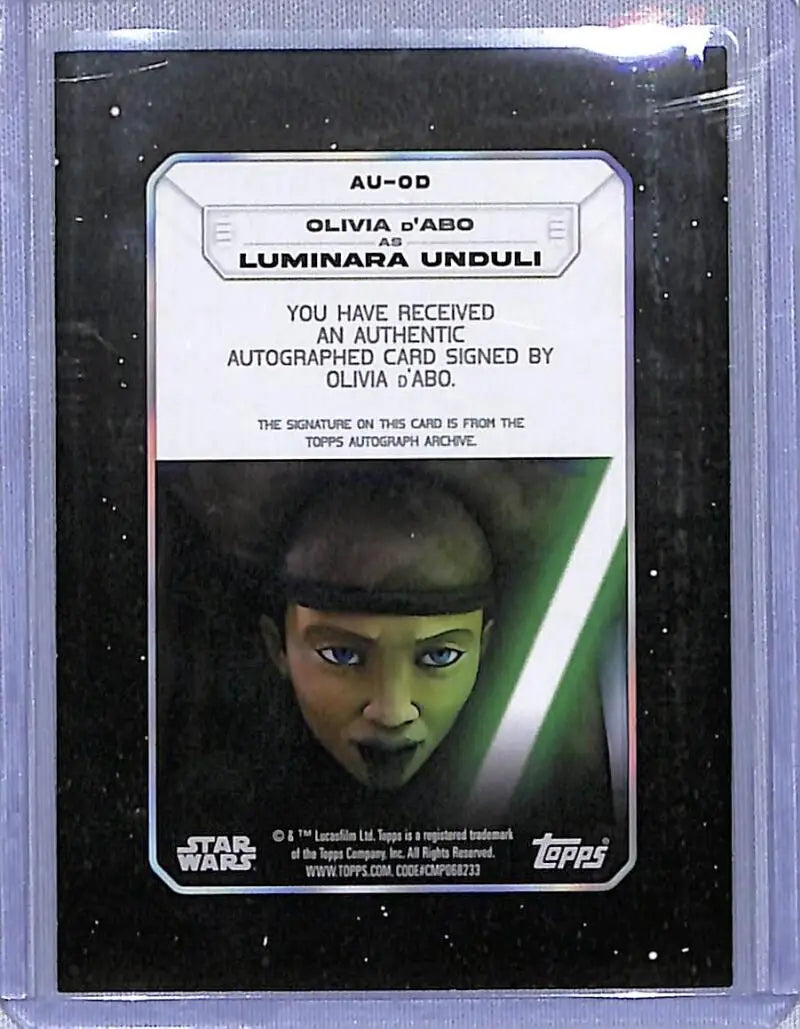 Olivia d’Abo Luminara Unduli autographed card from 2023 Topps Star Wars series