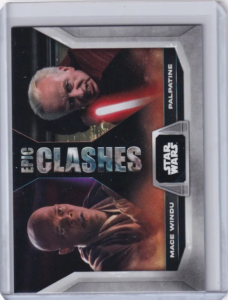 Topps Star Wars trading card featuring Mace Windu and Palpatine in Epic Clashes design