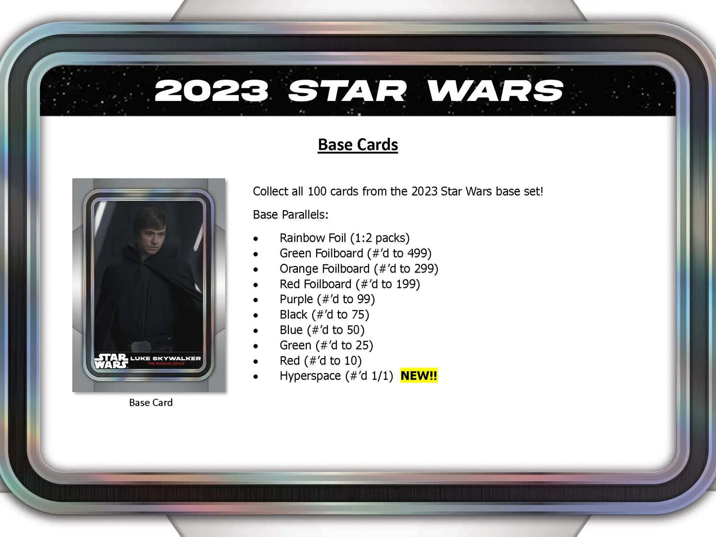 2023 Topps Star Wars Hobby Super Box featuring base card information and rare short prints