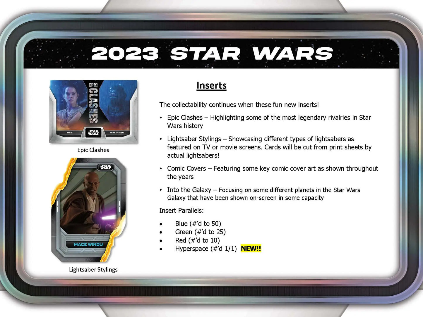 Star Wars trading card inserts from 2023 Topps Star Wars Hobby Super Box for collectors