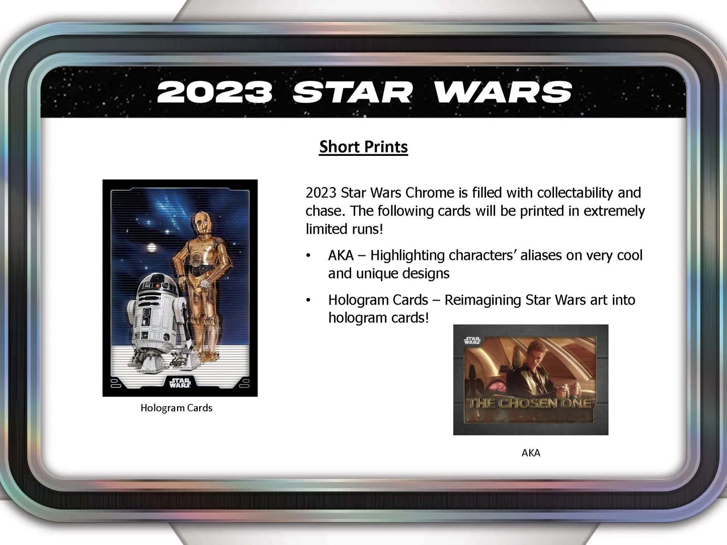 Topps Star Wars trading card advertisement for 2023 Hobby Super Box showcasing rare short prints