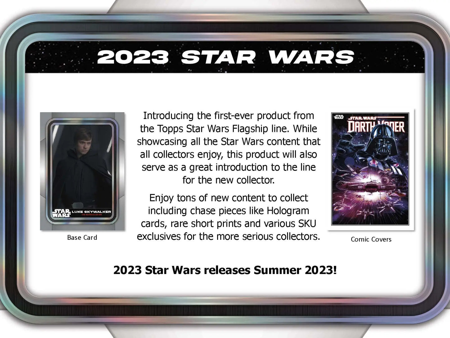 Topps Star Wars trading card advertisement featuring 2023 Hobby Super Box with rare short prints