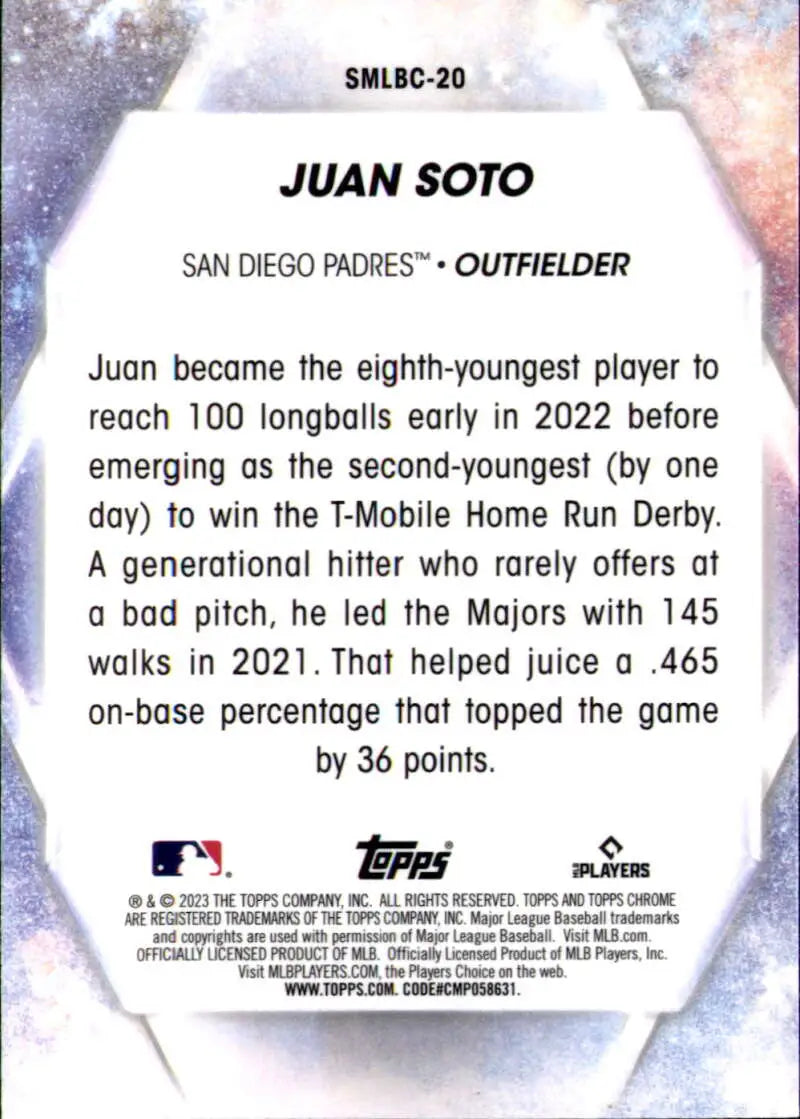 Baseball card of Juan Soto, San Diego Padres outfielder with stats and biography