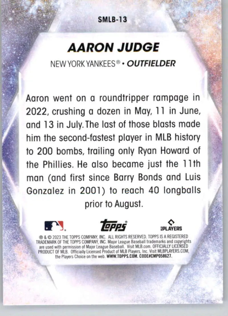 Aaron Judge Baseball Card from 2023 Topps Stars highlighting his 2022 home run feats