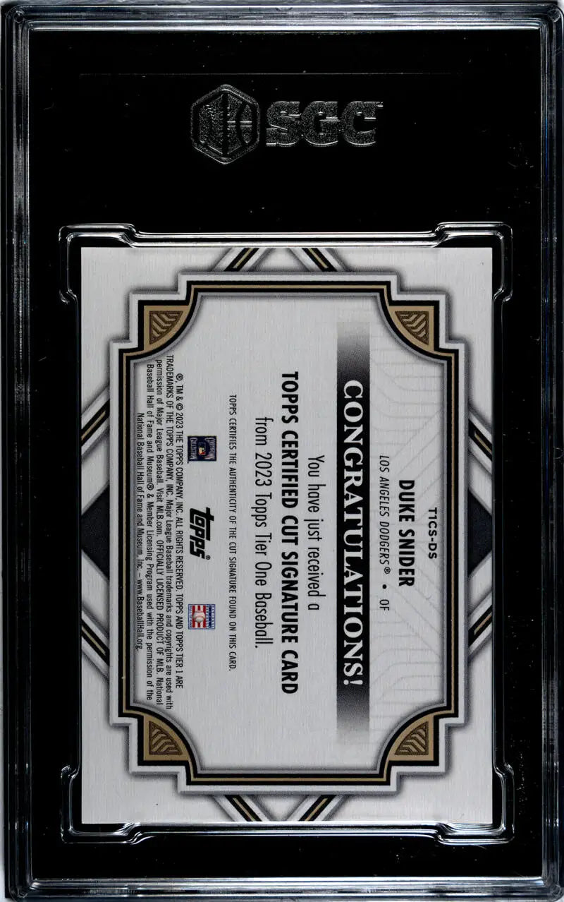 Black-bordered case holding 2023 Topps Duke Snider Los Angeles Dodgers Baseball Card SGC 9.5