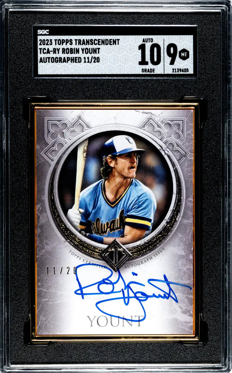 Graded baseball card of Robin Yount with blue ink autograph for Milwaukee Brewers