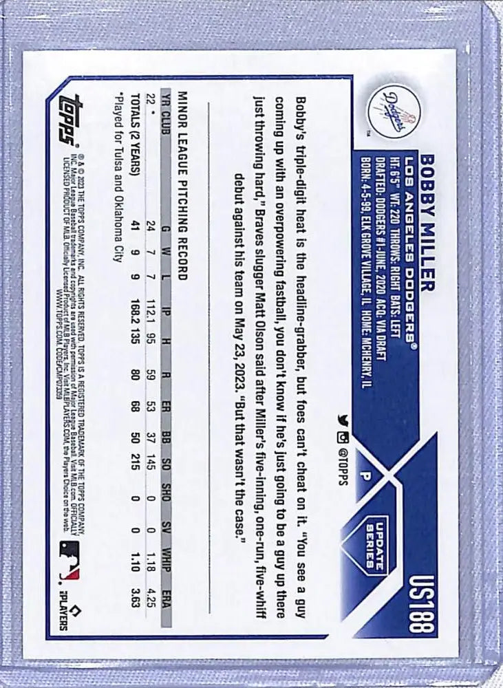 Baseball card featuring 2023 Topps Update Orange #US188 Bobby Miller with Dodgers stats