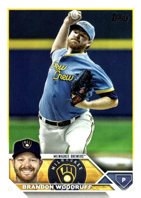 Brandon Woodruff in light blue Milwaukee Brewers uniform delivering a pitch baseball card