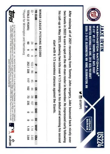 2023 Topps Update Series #US224 Jake Irvin NM-MT RC Rookie Nationals ID:67673 - Trading Cards