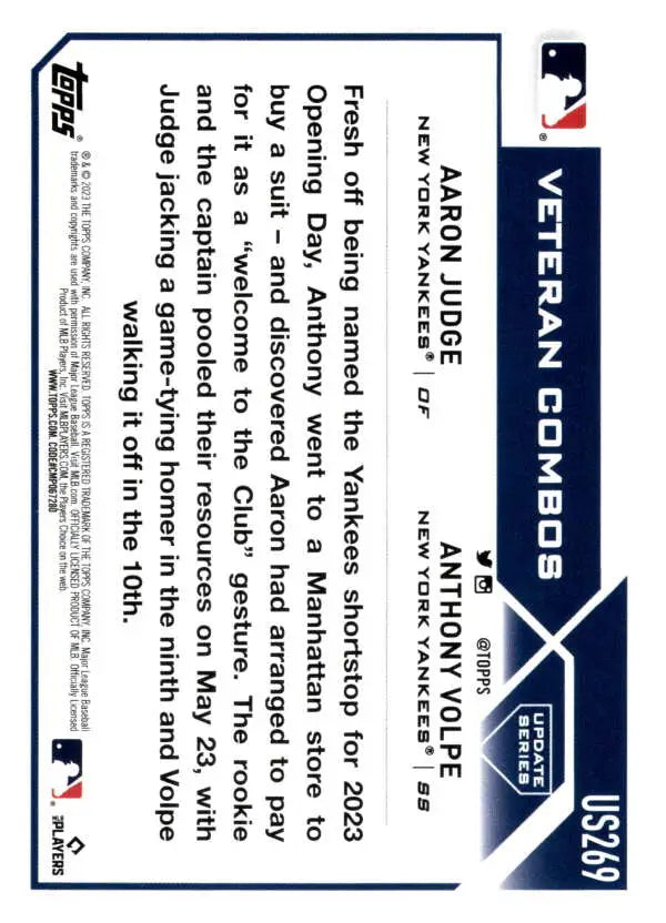 Back of 2023 Topps Update Series Anthony Volpe/Aaron Judge Baseball Card with MLB branding
