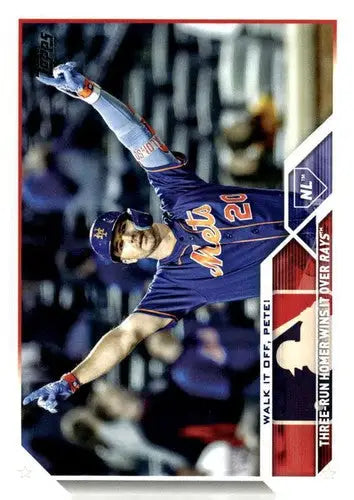 A baseball trading card featuring a Mets player in a blue uniform with the number 20, celebrating a ’walk it off’ three-run home run.