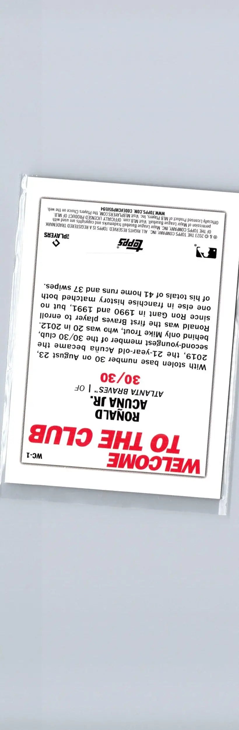 Back of 2023 Topps Ronald Acuña Jr Welcome to the Club baseball card image