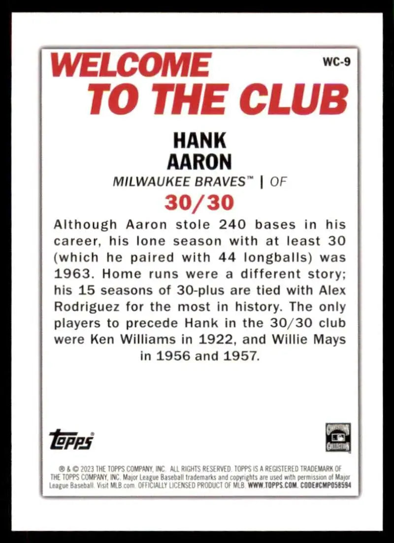 Baseball card featuring Hank Aaron stats from the Milwaukee Braves Welcome to the Club WC-9