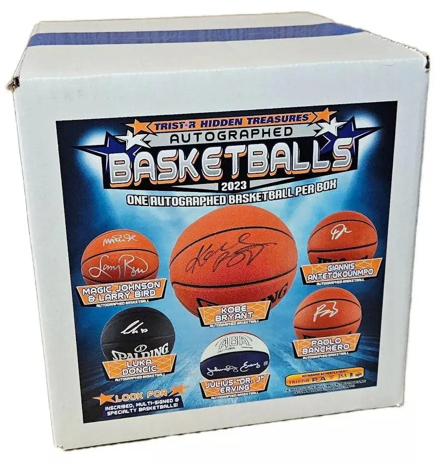 White box with autographed basketballs featuring multiple signatures from 2023 Tristar